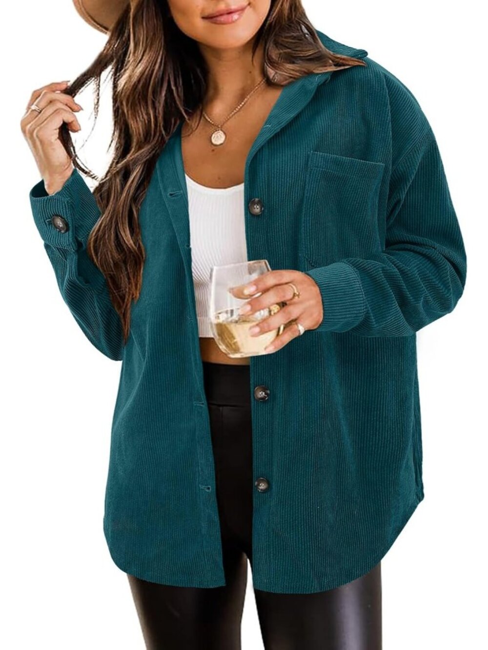 Women's Pine Green Oversized Corduroy Long Sleeve Button-down Shacket Jacket